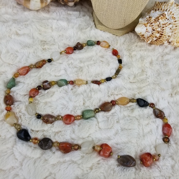 Vintage Semi Pecious Polished Stone Necklace Long w/clasp 70s - Picture 4 of 4